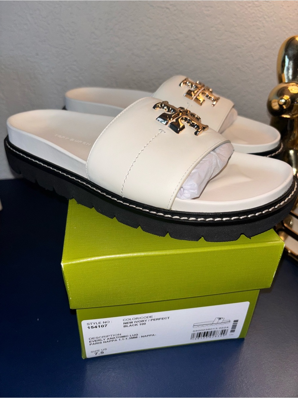 Tory Burch Cream Leather Slide Sandals with Gold Logo - Picture 5 of 8